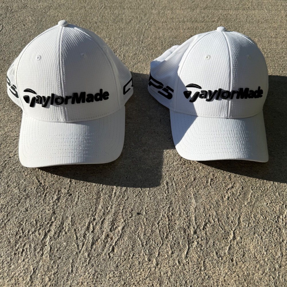 TaylorMade White Tour Radar Golf Hat Lot of 2 TP5 Qi10 Qi35 Adjustable Sz 58cm